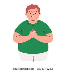 Man with Obese Say Hello with Hands in Front of Chest