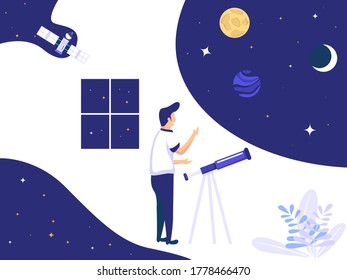 Man observe space stars with a telescope near a window. find ideas in space. technology concept. Vector illustration.