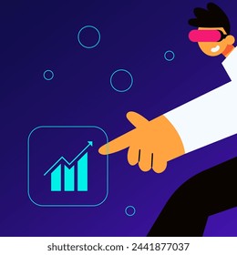 Man observes the development of trends in virtual reality glasses. Flat vector illustration.