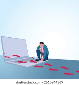 A man observes footprints that enter the laptop screen. A metaphorical illustration for digital footprints, browser history and tracking.