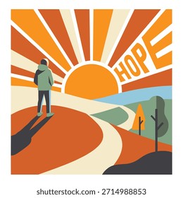 Man observes sunrise on a path. Hope text shines in sky. Bright future concept. New beginnings landscape.