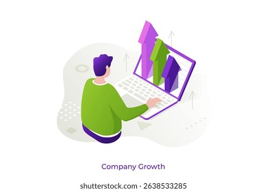 Man observing ascending arrows on laptop screen, representing business growth and market success. Isometric vector illustration for financial analysis and investment.