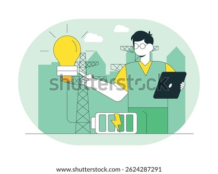 Man observing battery charging using solar energy, a renewable innovation. Design character. Vector flat illustration
