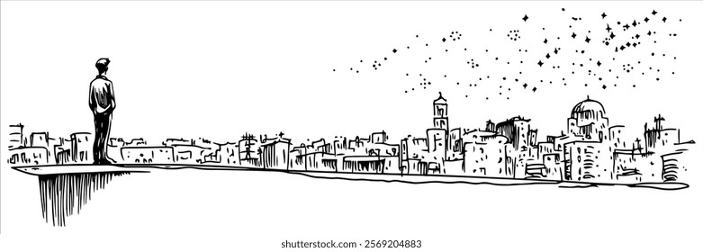 man observing city skyline with historic buildings, hand drawn sketch