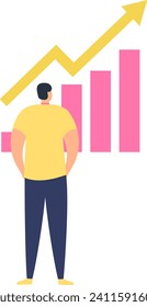 Man observing growth chart with upward trend arrow. Business progress and successful analyst. Analyzing financial data vector illustration.