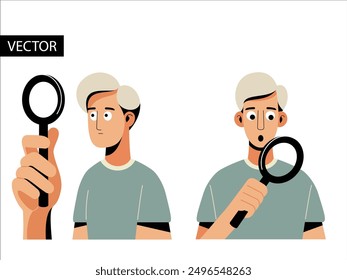 A man observing with a magnifying glass. Study, research, observation concept. Shocked man. Surprise concept. Vector illustration.