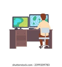 Man observing weather map at computer screen at desk. Meteorologist research climate conditions and forecast weather with satellite data. Flat vector illustration on white background.