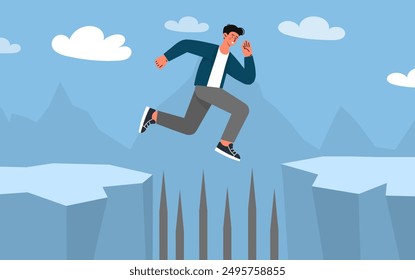 Man with obstacles at work. Young guy jumps over cliff. Entrepreneur and investor takes risks. Fearless and brave businessman with courage. Freedom and success. Flat vector illustration