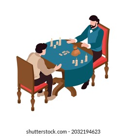 Man at occult session with wizard telling fortune by runes isometric vector illustration