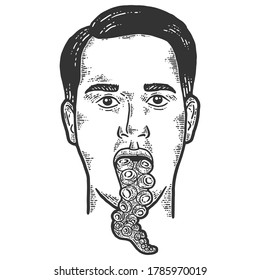 Man with octopus tentacle tongue. Sketch scratch board imitation. Black and white. Engraving vector illustration.