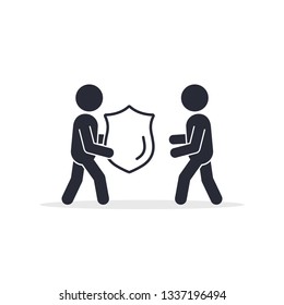 Man offer Shield protection to other man, Charity or insurance vector icon.