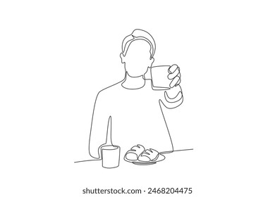 El hombre que ofrece el desayuno. Concepto de desayuno de dibujo de una línea