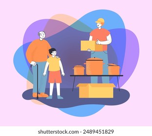 Man offering to buy housewares to grandfather and boy. Senior man and child choosing present to grandmother at flea market flat vector illustration. Shopping, gift concept