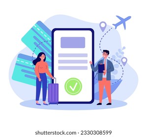 Man offering digital visa to worker vector illustration. Young woman with suitcase applying online via smartphone and moving to another country. Digital visa for tech workers, relocation concept