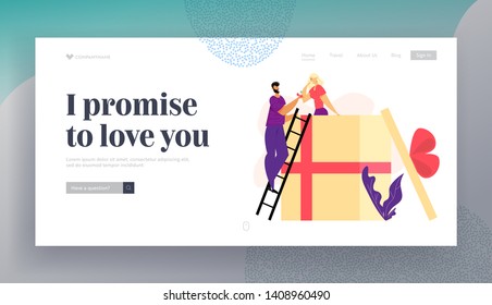 Man Offering Engagement Ring to his Girlfriend in Big Gift Box Landing Page Template. Young Guy Proposing Girl to Marry. Marriage Proposal Web Banner Concept. Vector flat illustration