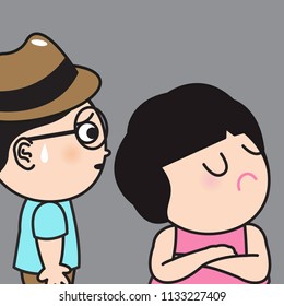 A Man Offering A Heartfelt Apology His Frustrated Grumpy Lover Girl Concept Card Character illustration