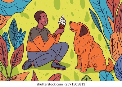 Man offering ice cream to dog playful scene vibrant colors leafy background outdoor setting website design template