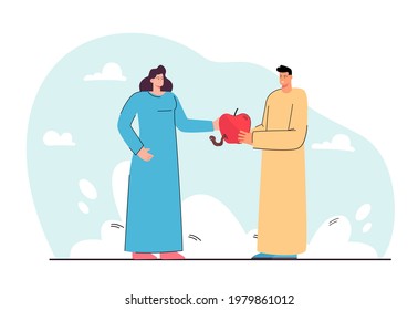 Man offering woman apple vector illustration. Female character receiving red ripe fruit. Worm looking at them. Forbidden fruit concept for banner, website design or landing web page