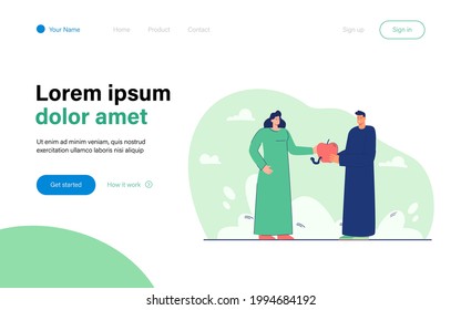 Man offering woman apple vector illustration. Female character receiving red ripe fruit. Worm looking at them. Forbidden fruit concept for banner, website design or landing web page
