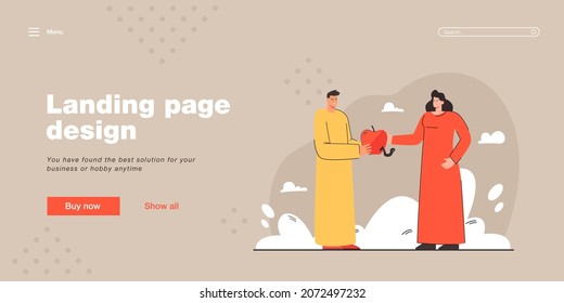 Man offering woman apple vector illustration. Female character receiving red ripe fruit. Worm looking at them. Forbidden fruit concept for banner, website design or landing web page