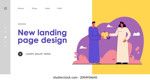 Man offering woman apple vector illustration. Female character receiving red ripe fruit. Worm looking at them. Forbidden fruit concept for banner, website design or landing web page