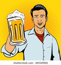 Man offers beer cup pop art style vector illustration. Comic book style imitation