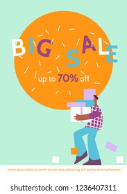 Man offers big sale season poster.Online shopping,discount, commercial message concept for mobile app,landing page, banner in moden flat style.