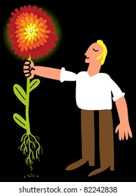man offers a flower with root