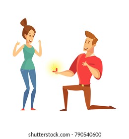 Man offers a girl to marry. Marriage proposal. Vector illustration in a flat style isolated on white. 