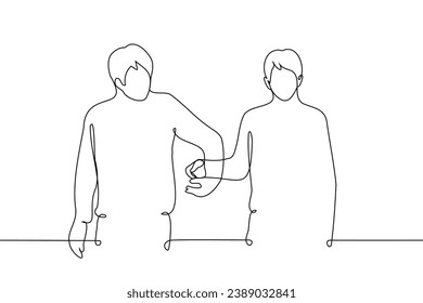 man offers his hand to a man standing next to him for help, support or leadership - one line art vector. concept friend, guide