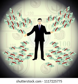 a man offers money, many dollars, bundles of banknotes. Vector illustration