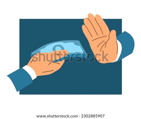 The man offers money. Rejection of corruption in business. No bribe, stop. hand gesture. Illegal and dishonest business conduct. Flat vector illustration