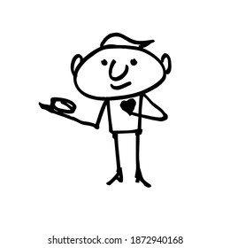 A man offers a ring and a heart. Declaration of love. A hand-drawn cartoon character. Black and white Doodle illustration