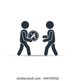 Man offers service, maintenance, help, assistance, support, car repair illustration. Vector.