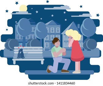 A man offers a woman to get married. Night city, cats on the bench.