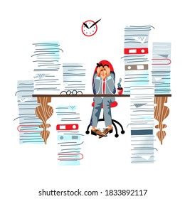 Man in office bureaucracy and paperwork in business. Paper, document and binder overload vector illustration. Frustrated tired busy man sitting in piles and stacks of clutter.