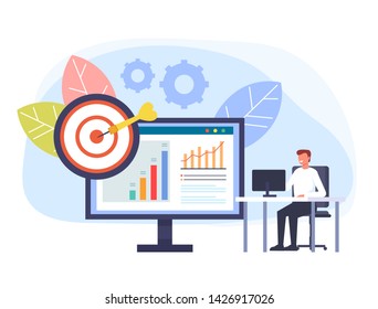 Man office businessman character working at computer. Digital marketing concept. Vector flat graphic design cartoon illustration