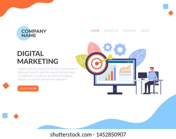 Man office businessman character working at computer. Digital marketing concept. Vector flat graphic design cartoon banner poster illustration