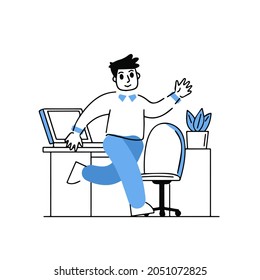 Man in office. Businessman goes to work. Outline happy business character at work. Linear interior of office with desk and computer. Modern cartoon isolated on white