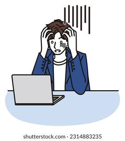 A man in an office casual outfit who is depressed looking at the computer screen