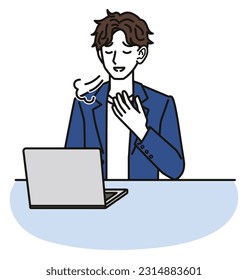 A man in an office casual outfit who feels relieved looking at the computer screen