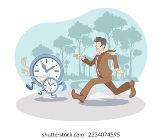 Man in office clock running after clock in park. Business time organization and management concept. Cartoon character complete work on time. Flat vector illustration in blue colors