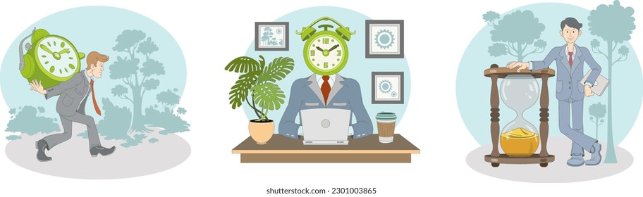 Man in office clothes carrying big clock in park. Male with clock on head working on laptop in office. Businessman standing near hourglass and smiling. Business timing set. Flat vector illustrations
