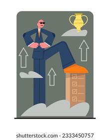 Man in office clothes finished work. Grow and success concept. Concept of deadlines, successful worker achieve goals by passing all stages of work and receiving trophy. Flat vector illustration