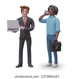 Man in office clothes holding laptop and presenting device to others. American male solves business issues, talking on phone. Vector illustration in 3d style