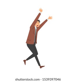 Man in office clothes joyfully runs cartoon vector illustration