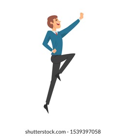 Man in office clothes joyfully runs bouncing cartoon vector illustration