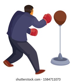 a man in office clothes is standing back to us and beating a sports punching bag with boxing gloves, aggression, defense, attack, isolated object on a white background, vector illustration