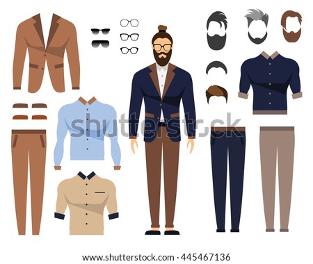 Man in office clothes, stylish uniform design. Set of Glasses, Hair Styles and Male Clothing. Flat Vector Illustration.