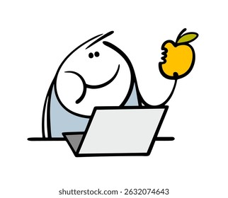 Man in an office at a computer is eating a ripe apple. Vector illustration of funny stickman and fruit. The office employee is working. behind the laptop.